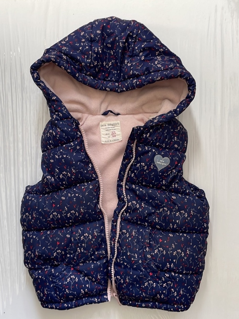 Zara Girls Navy Floral Puffer Vest with Hood size 3-4
